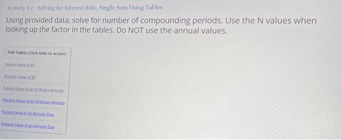  Activity 1.c Solving for Interest Rate, Single Sum Using Tables Using