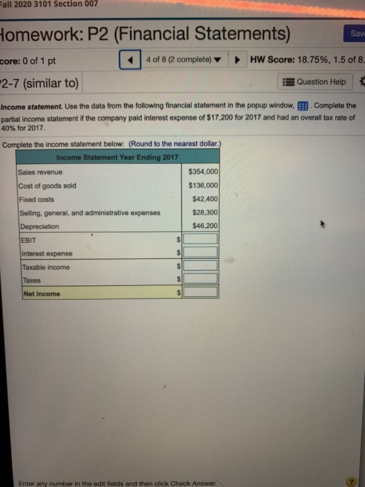  Fall 2020 3101 Section 007 Homework: P2 (Financial Statements) Save core: