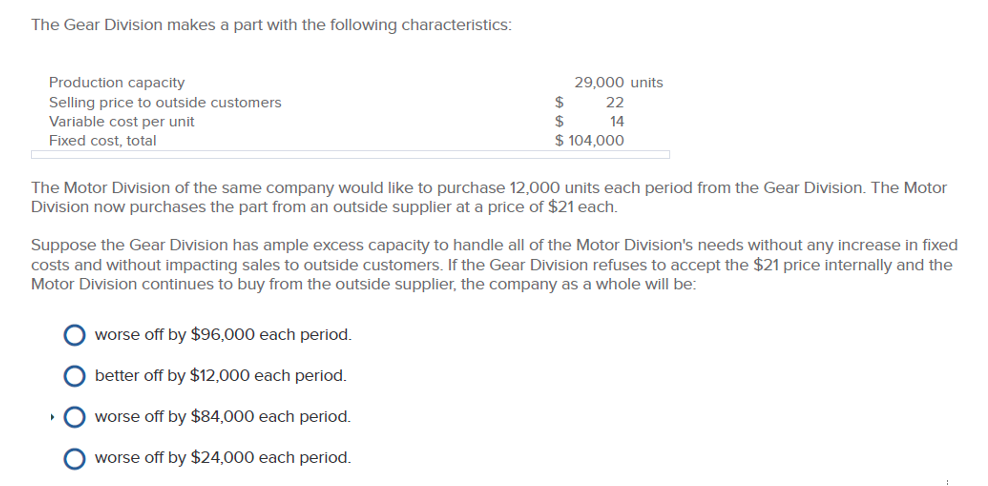  Please add calculations. The Gear Division makes a part with the