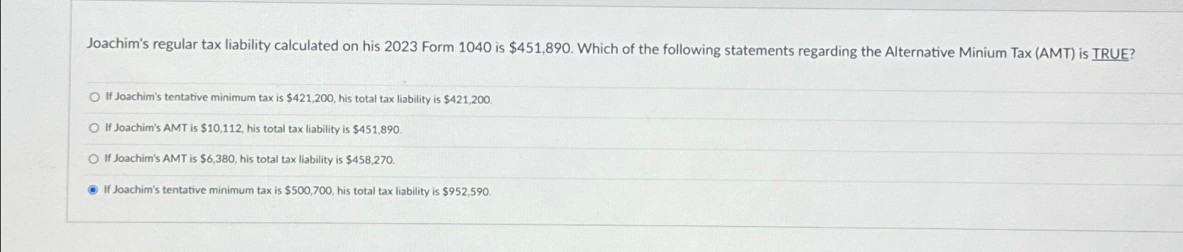  Joachim's regular tax liability calculated on his 2023 Form 1040 is