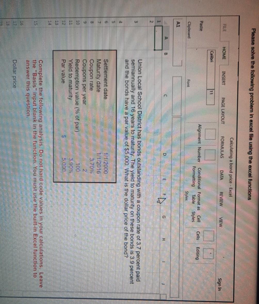  Please solve this problem in Excel using excel functions Please solve