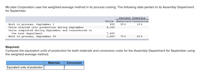 Mccabe Corporation uses the weighted average method in its process costing.