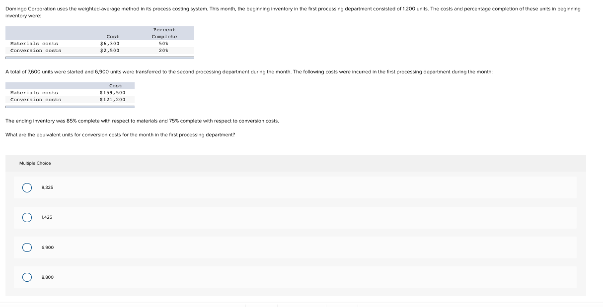 Units Materials Conversion 900 55 10 8,300 Work in process, September 1