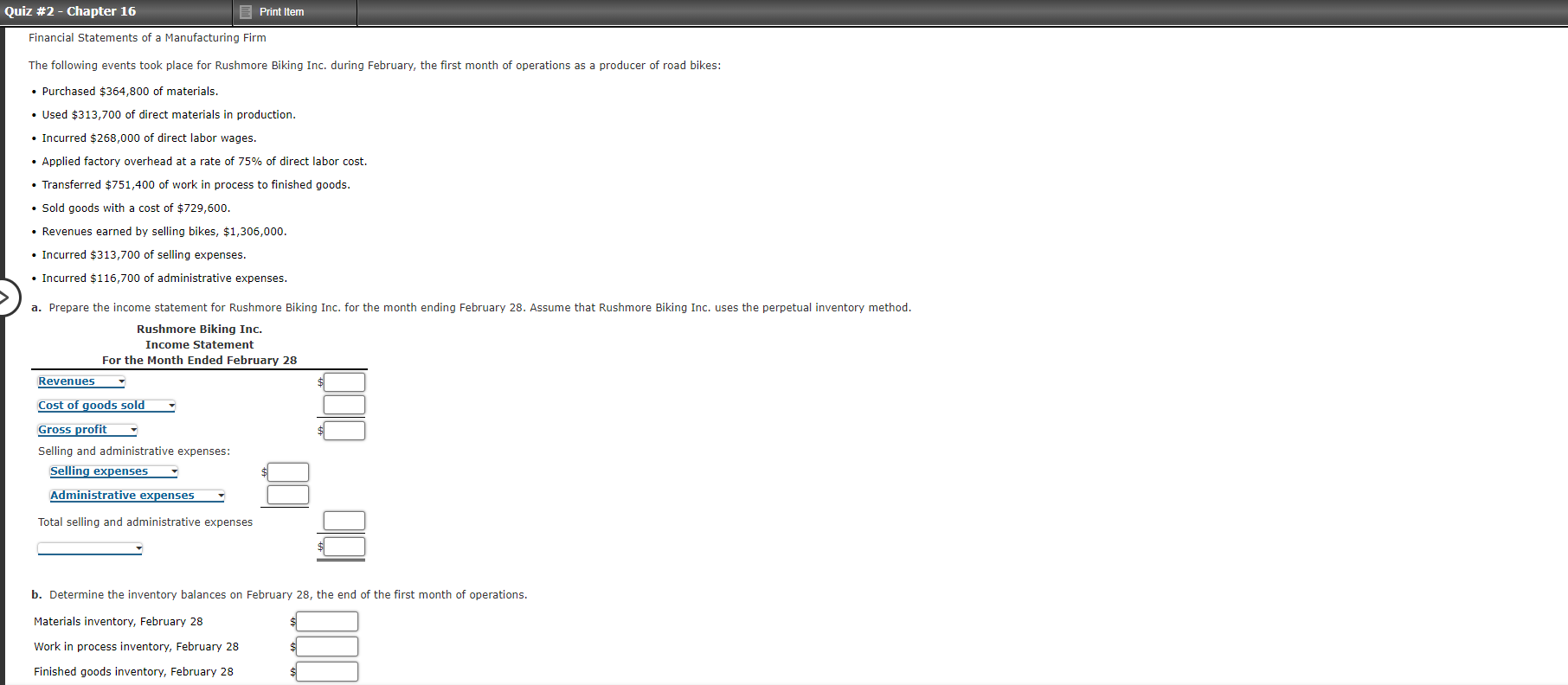  Quiz #2 - Chapter 16 E Print Item Financial Statements of
