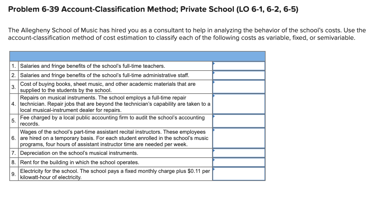 Problem 6-39 Account-Classification Method; Private School (LO 6-1, 6-2, 6-5) The