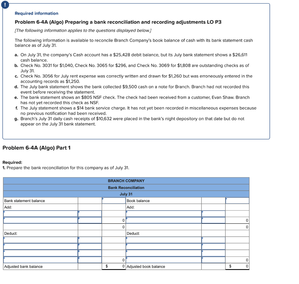 Required information Problem 6-4A (Algo) Preparing a bank reconciliation and recording