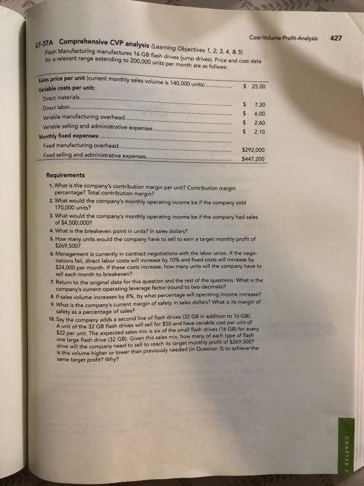  complete all please E7-37A Comprehensive CVP analysis Learning Objectives 1, 2,