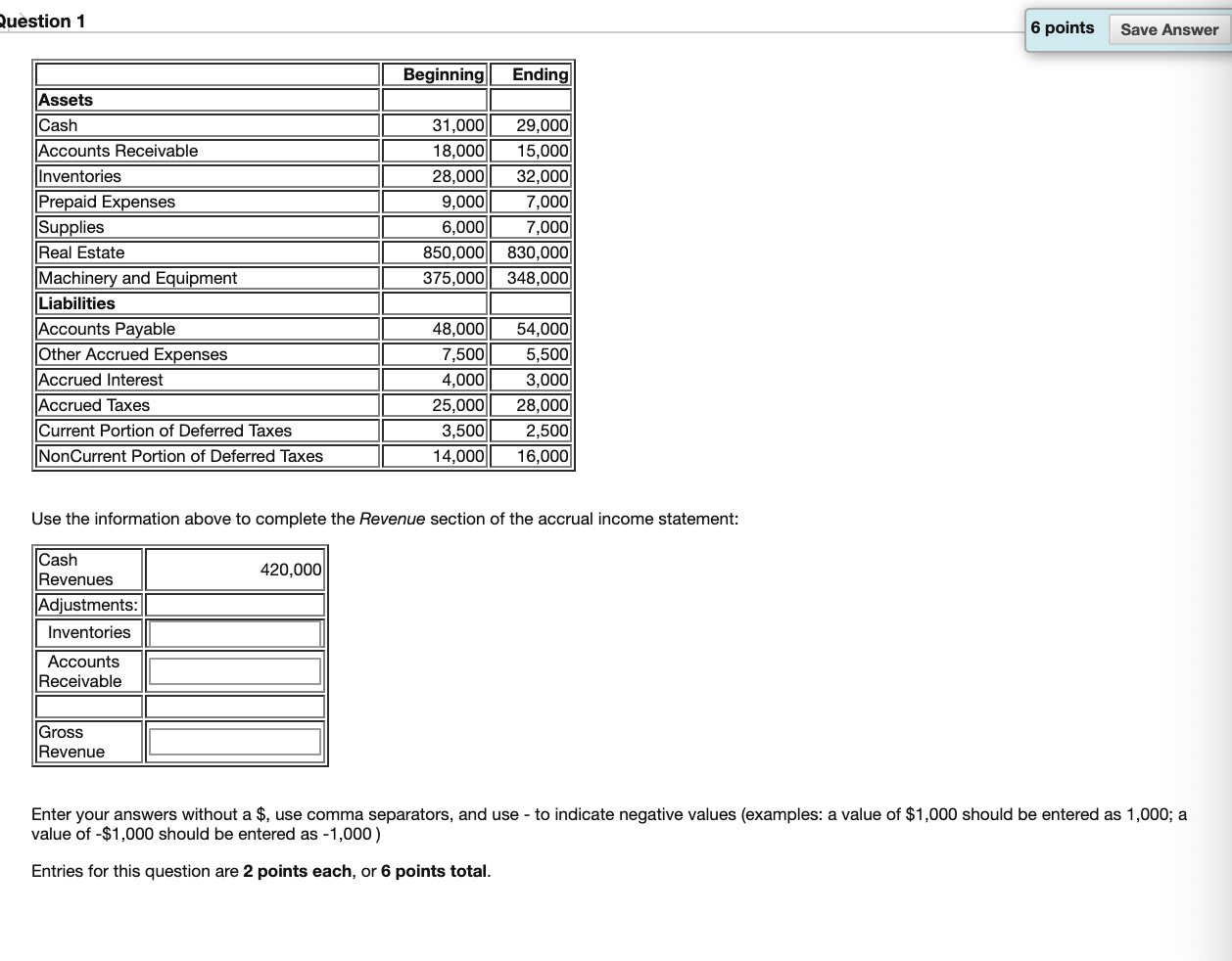  Question 1 6 points Save Answer Beginning Ending Assets Cash Accounts