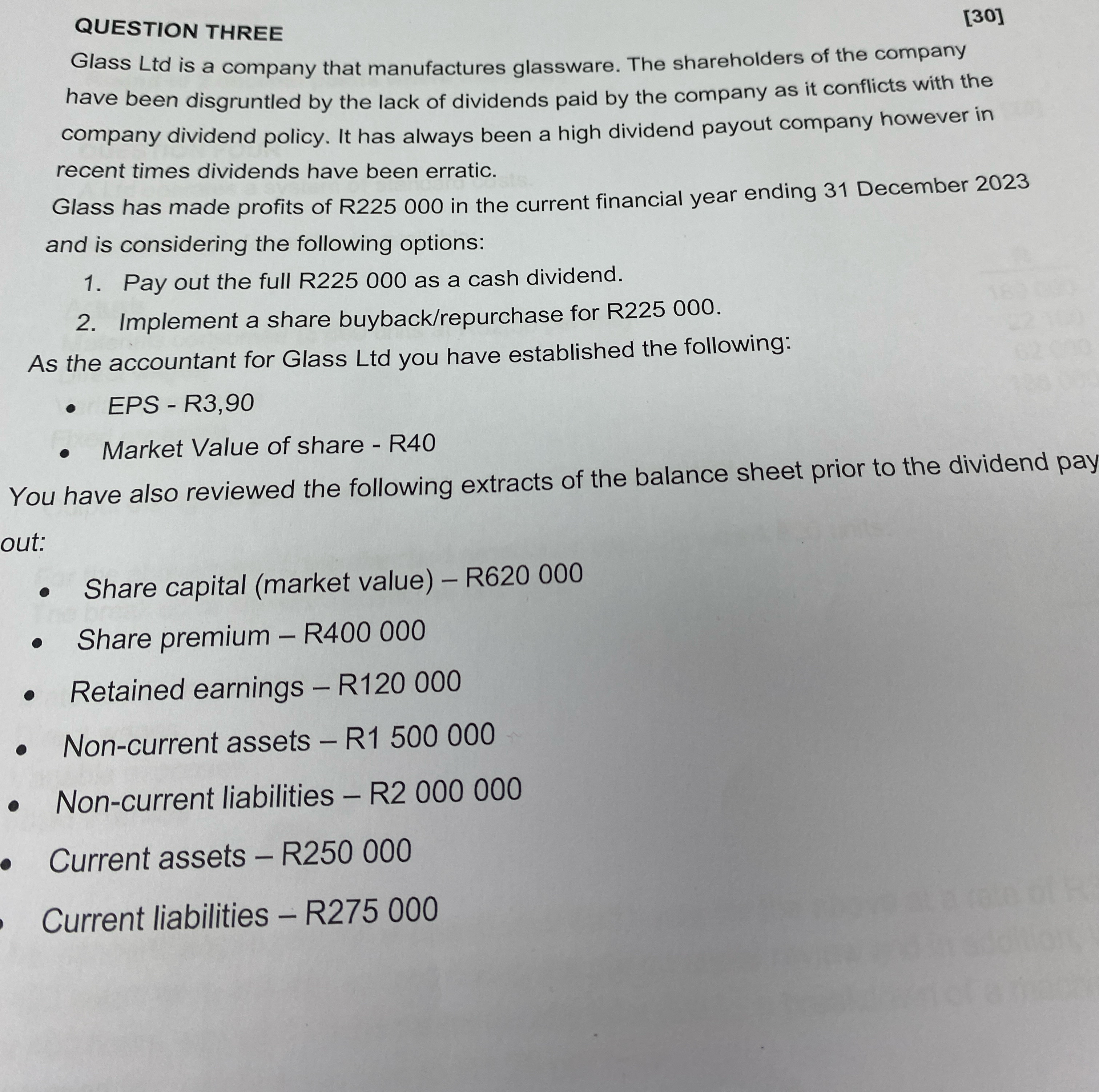  QUESTION THREE [30] Glass Ltd is a company that manufactures glassware.