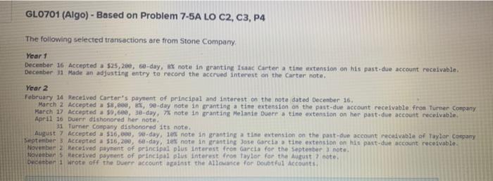  GL0701 (Algo) - Based on Problem 7-5A LO C2, C3, P4