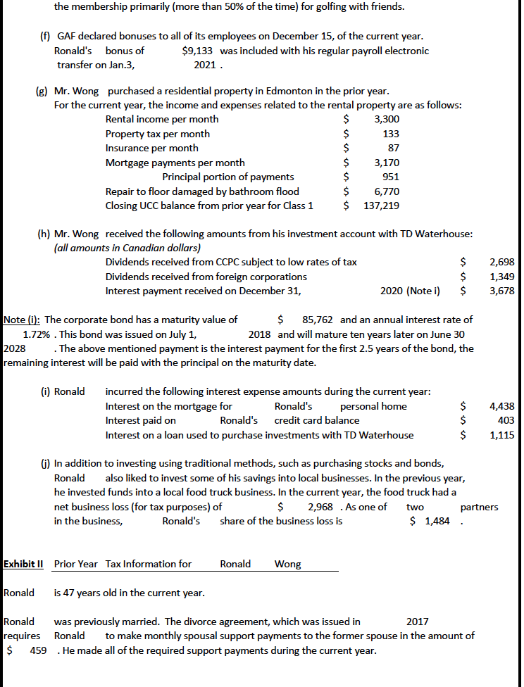 and formulas, as well as explanations for each calculation and items not