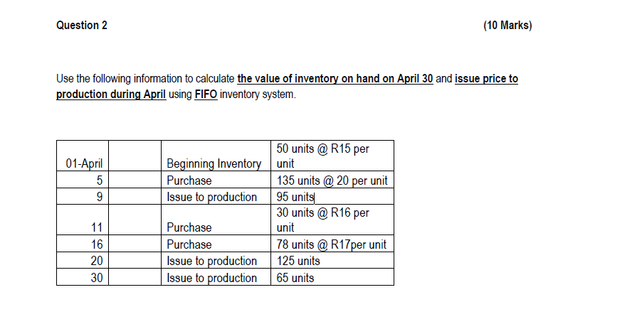  Question 2 (10 Marks) Use the following information to calculate the