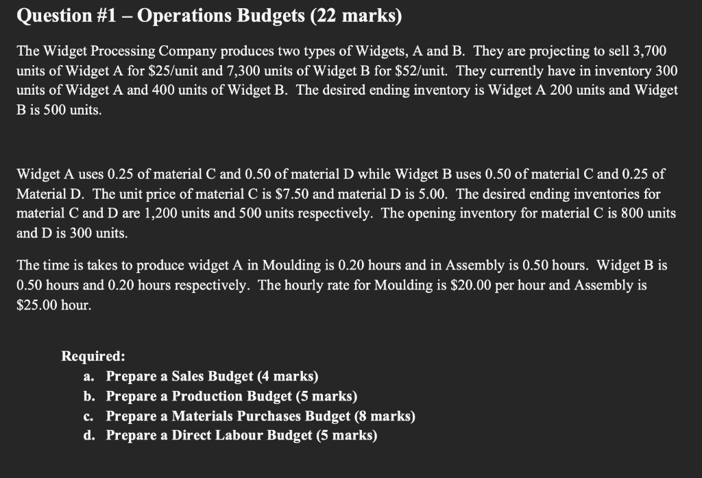 Question #1 - Operations Budgets (22 marks) The Widget Processing Company