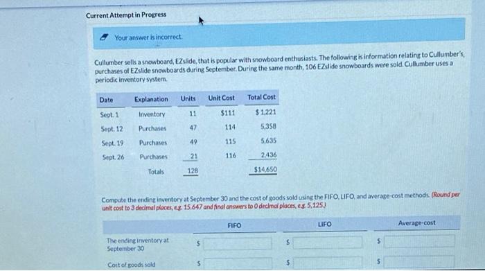  Current Attempt in Progress Your answer is incorrect Cullumber sells a