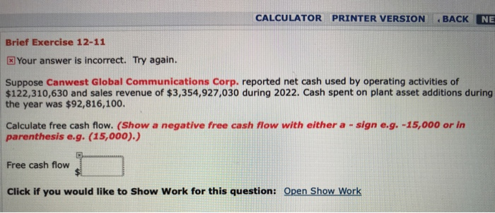  CALCULATOR PRINTER VERSION BACK NE Brief Exercise 12-11 E) Your answer