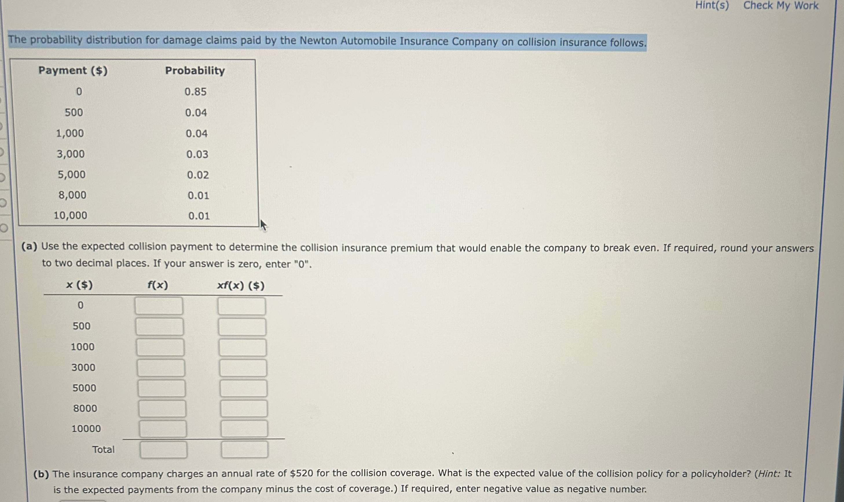 Hint(s) Check My Work The probability distribution for damage claims paid