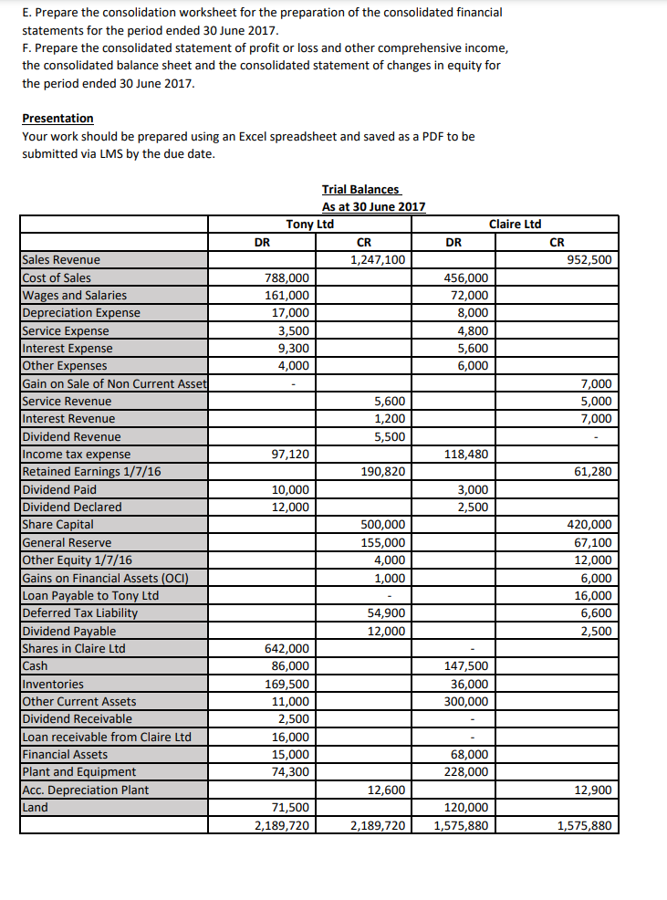 worksheet for the preparation of the consolidated financial statements for the period