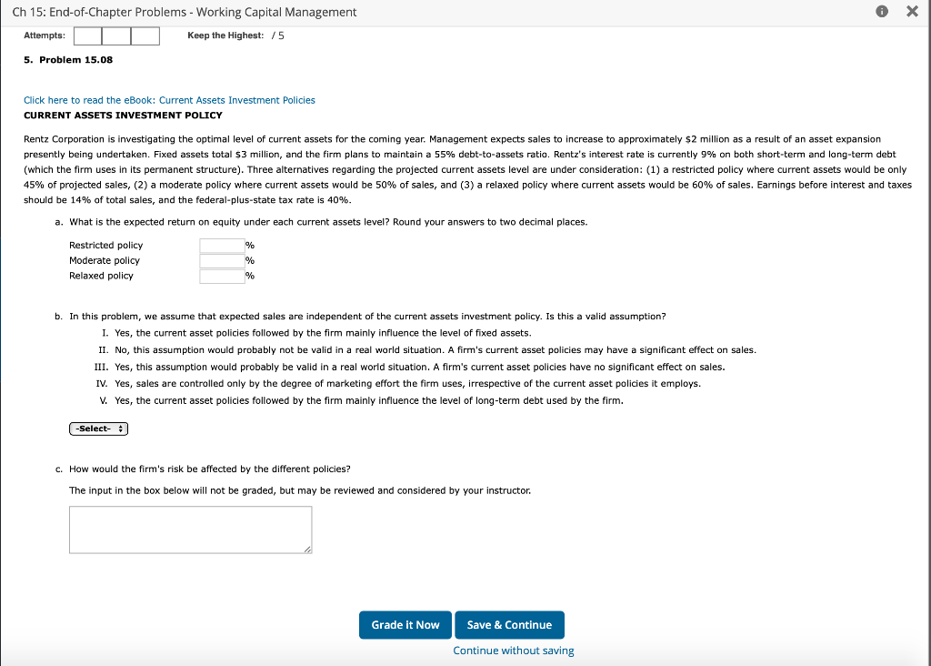  0 x Ch 15: End-of-Chapter Problems - Working Capital Management Attempts: