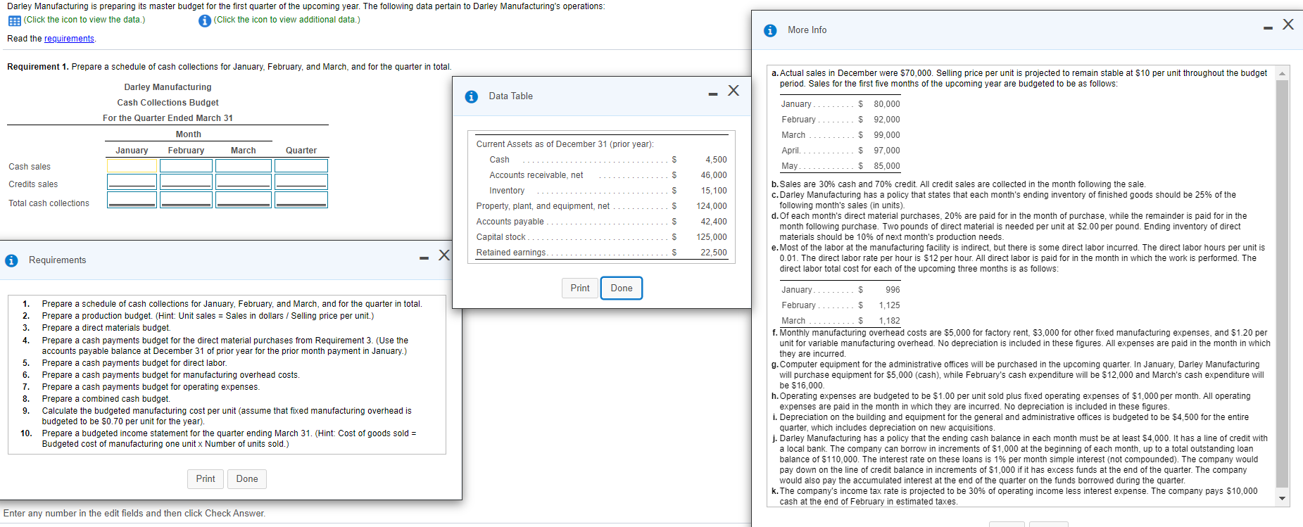  Darley Manufacturing is preparing its master budget for the first quarter