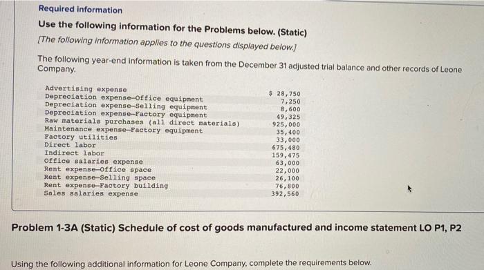  Required information Use the following information for the Problems below. (Static)