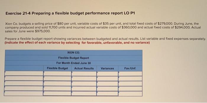  Exercise 21-4 Preparing a flexible budget performance report LO P1 Xion