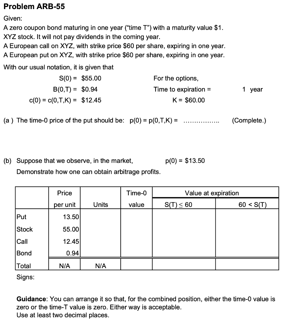 Problem ARB-55 Given: A zero coupon bond maturing in one year