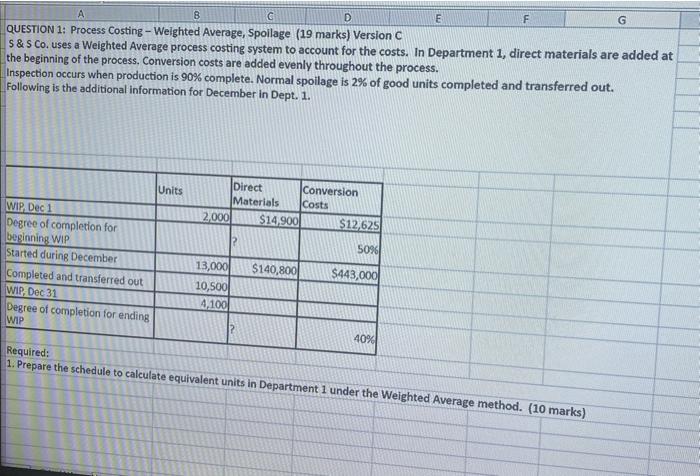  A G D E F G QUESTION 1: Process Costing -
