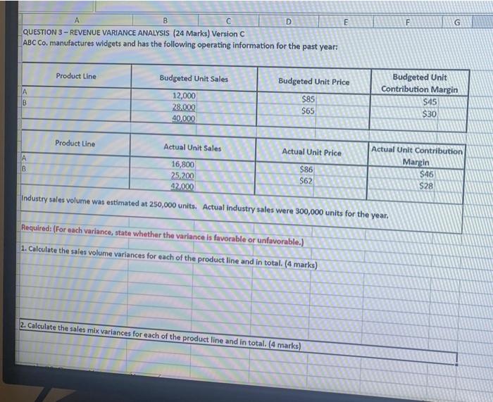  B E F A D QUESTION 3 - REVENUE VARIANCE ANALYSIS