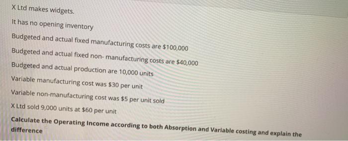  X Ltd makes widgets. It has no opening inventory Budgeted and