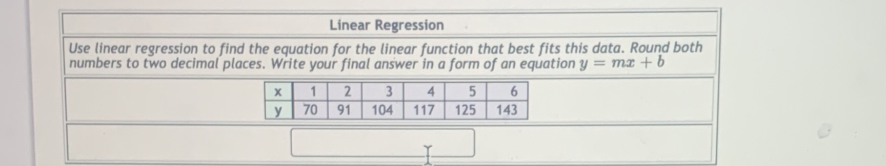 Linear Regression Use linear regression to find the equation for the