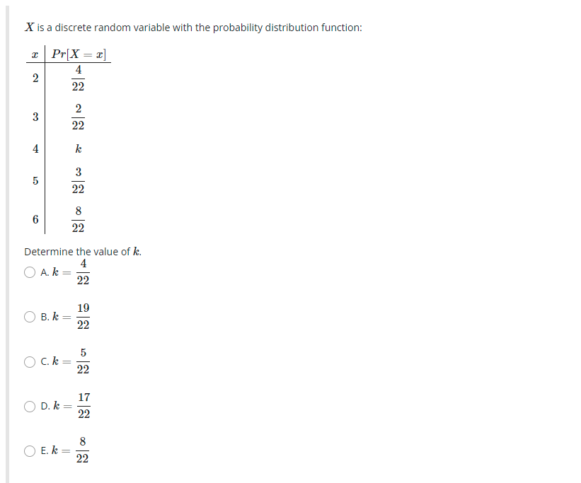 X is a discrete random variable with the probability distribution function: x23456Pr[X=x]422222k322822