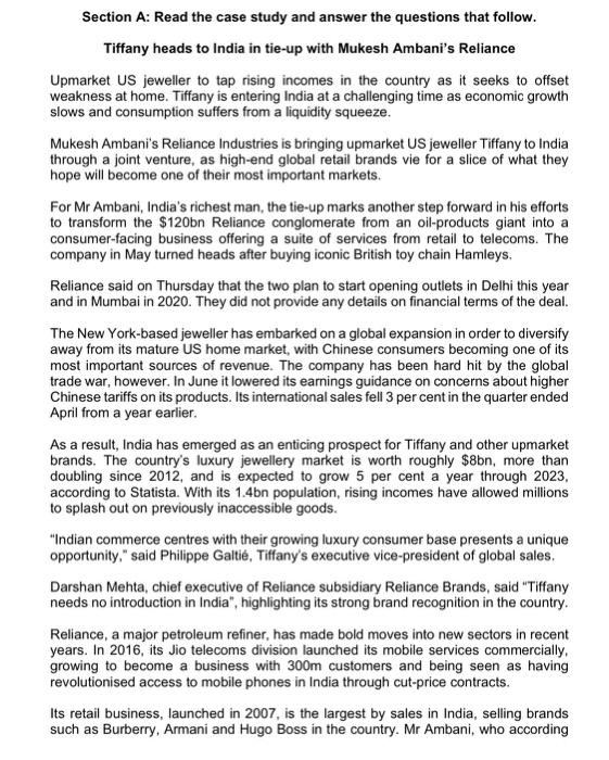  Section A: Read the case study and answer the questions that