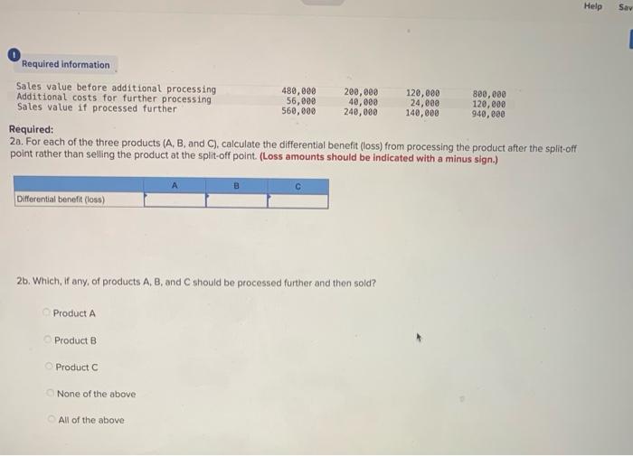  Help Sav Required information Sales value before additional processing 480,000 200,000