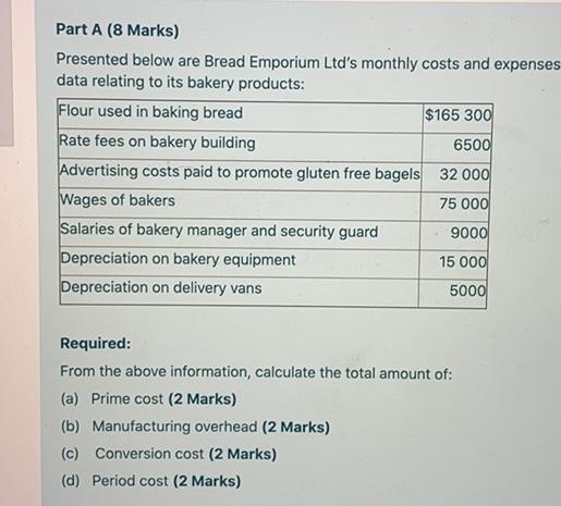  Part A (8 Marks) Presented below are Bread Emporium Ltd's monthly