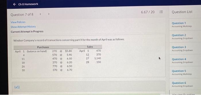  + Ch 8 Homework 6,67 / 20 Question List Question 7