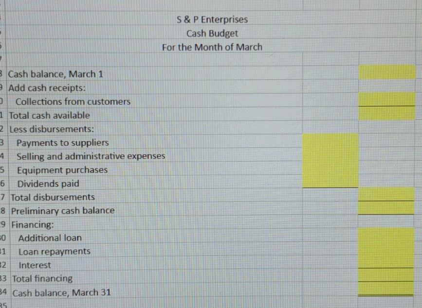 cash budget. B o D 1 S & P Enterprises needs a