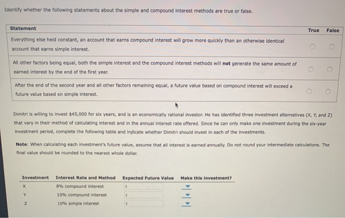  Identify whether the following statements about the simple and compound interest