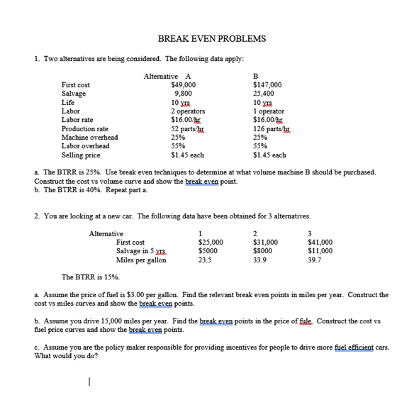  BREAK EVEN PROBLEMS 10 1. Two alternatives are being considered. The