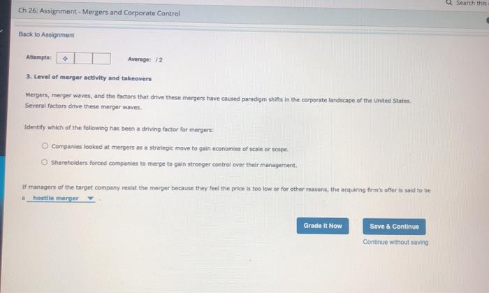  Search this Ch 26: Assignment - Mergers and Corporate Control Back