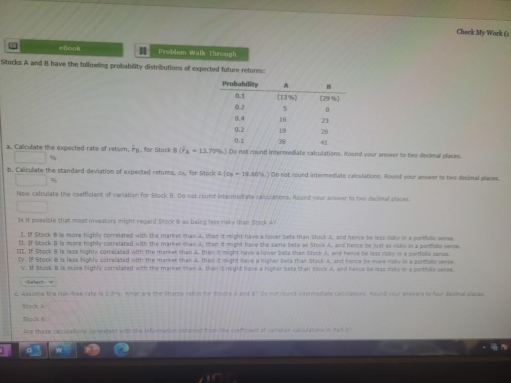 Check My Work eBook Problem Walk-Through Stocks A and B have