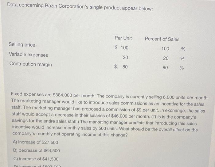 of Sales Selling price $ 200 100 % Variable expenses 40 20