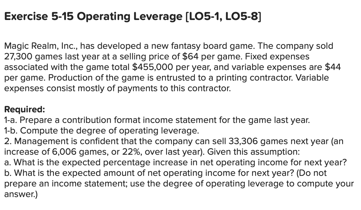  Exercise 5-15 Operating Leverage (LO5-1, LO5-8] Magic Realm, Inc., has developed