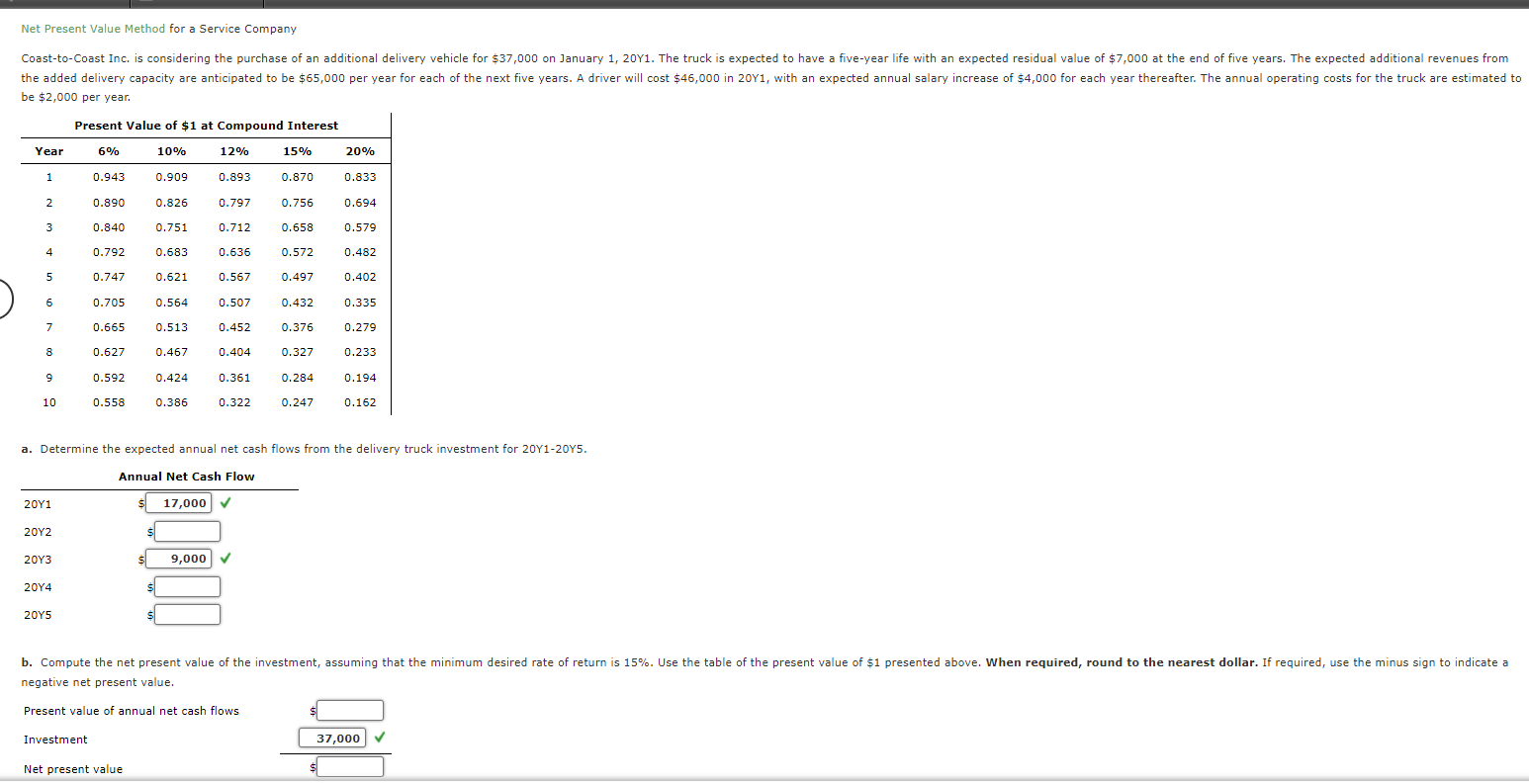 Net Present Value Method for a Service Company Coast-to-Coast Inc. is