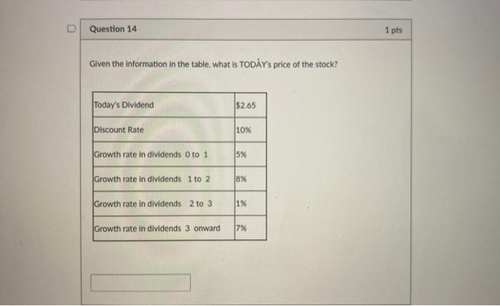  Question 14 1 pts Given the information in the table, what