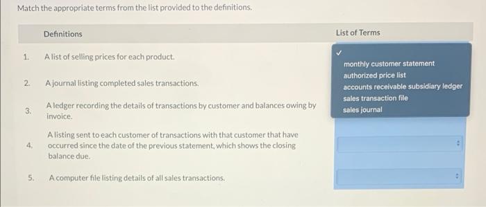 Subject auditing Match the appropriate terms from the list provided to the