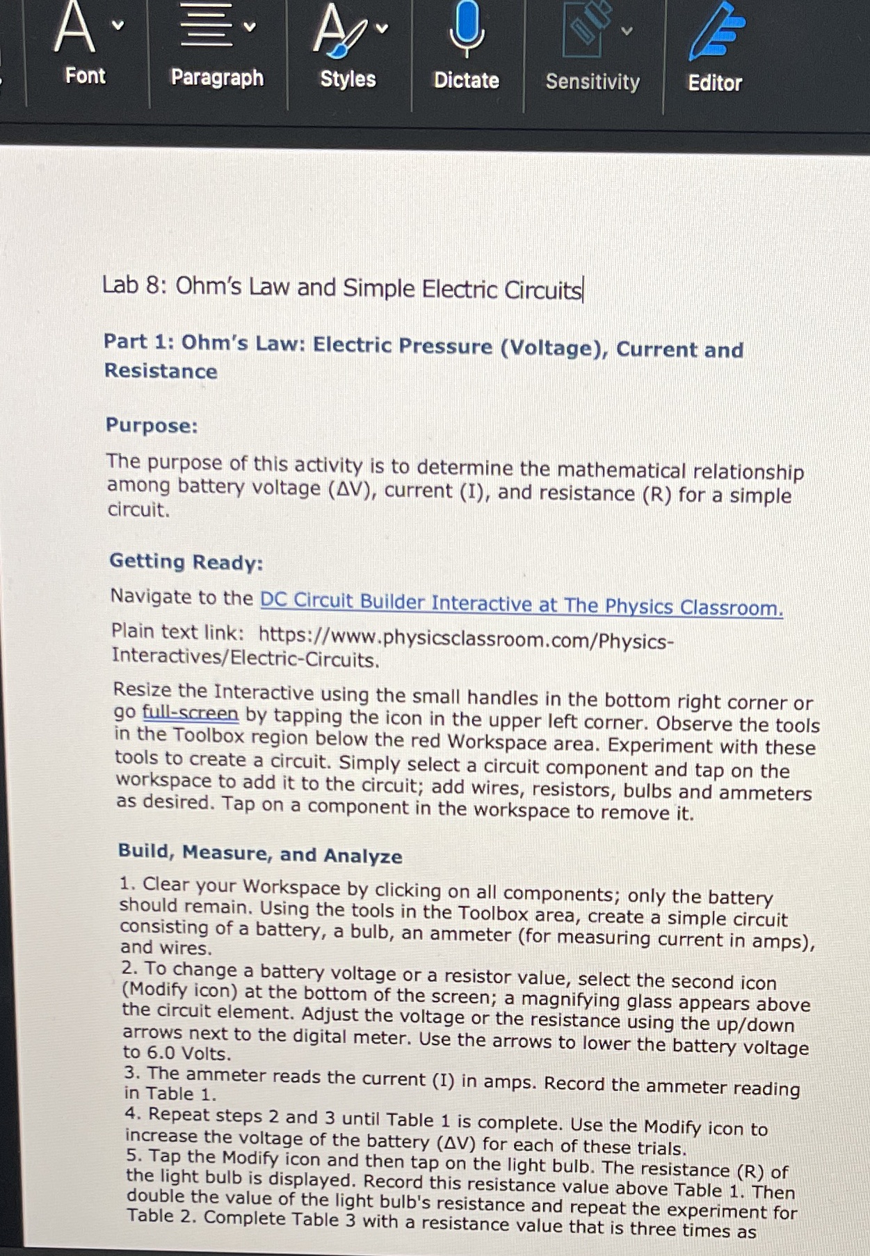  A E U Font Paragraph Styles Dictate Sensitivity Editor Lab 8: