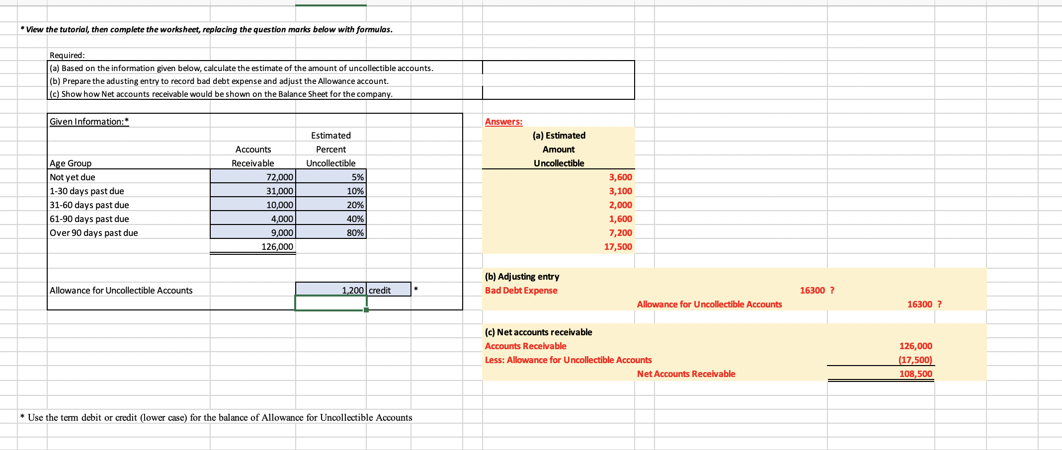 * View the tutorial, then complete the worksheet, replacing the question