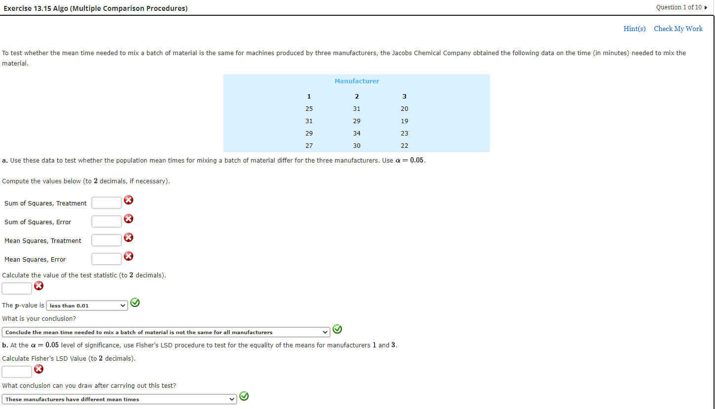  Exercise 13.15 Algo (Multiple Comparison Procedures) Question 1 UflO . Hint(s}