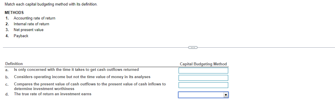  Match each capital budgeting method with its definition. METHODS 1. Accounting