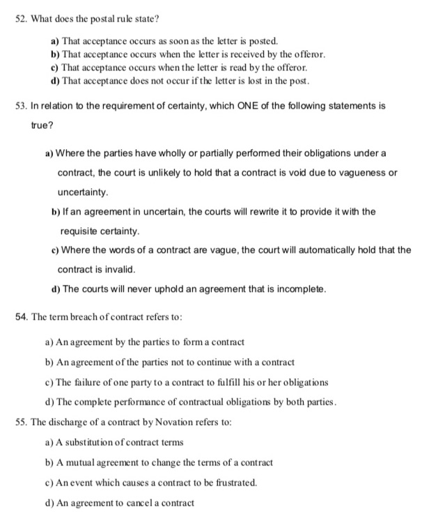 Assignment 52. What does the postal rule state? a) That acceptance occurs